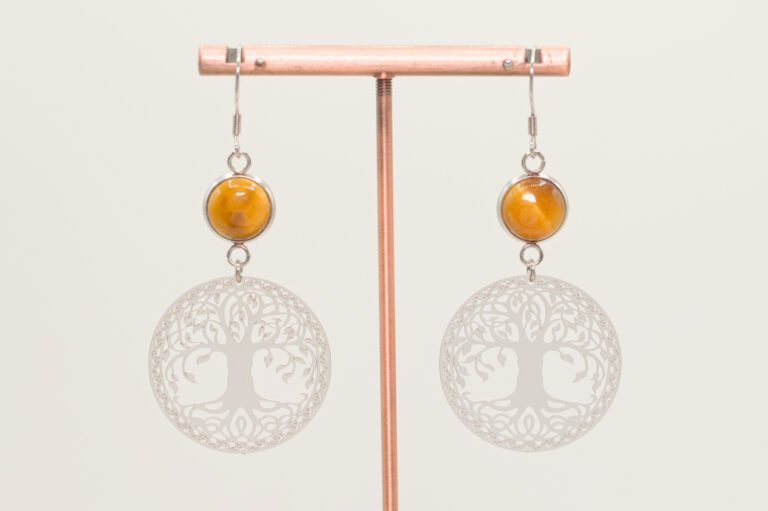 Boucles d&rsquo;oreilles Oeil de tigre arbre de vie